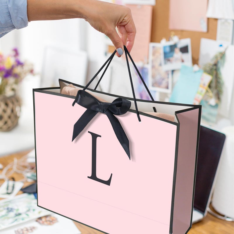 QLSKO Personalized Initial Paper Bag for Women Grils Monogrammed Gift Bag with Bow Ribbon Wrapping Tissue and Card Matching Envelope Sticker (Pink  L-Medium) - Image 5